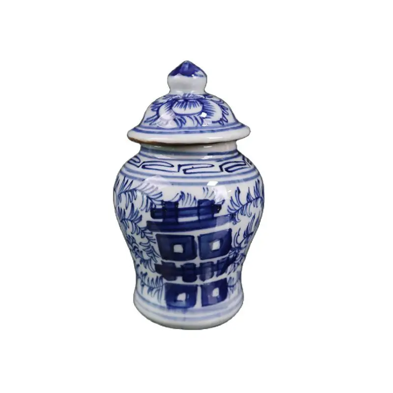 

Early collection of blue and white double happiness lotus covered pot 2 imitation of ancient porcelain home decoration
