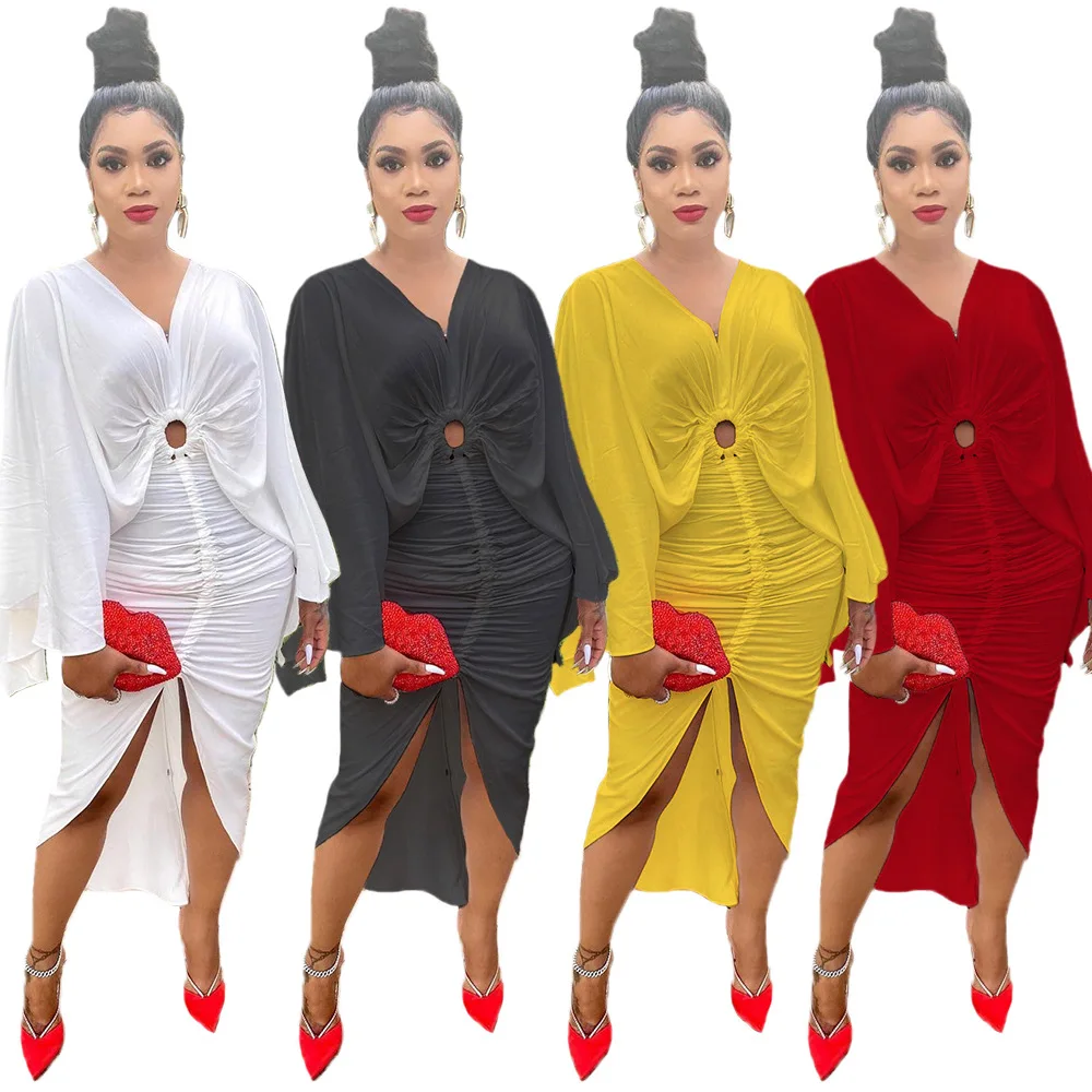 Casaul Women Dress Full Sleeve Solid COlor Pleated Deep V-neck Split Out Clothes For Women Outfit
Casaul Women Dress Full Sleeve Solid COlor Pleated Deep V-neck Split Out Clothes For Women Outfit