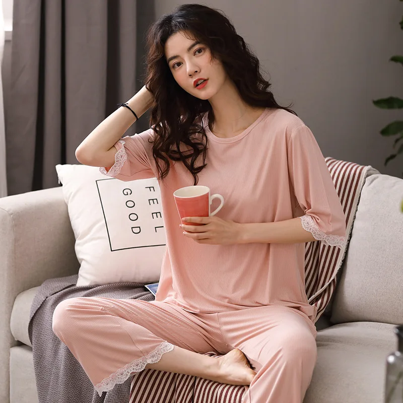 

Pajama Sets Women Summer Short Sleeve Modal Nightwear Korean Brief Sleepwear Female Trousers Home Suit Plus Size Loose Homewear