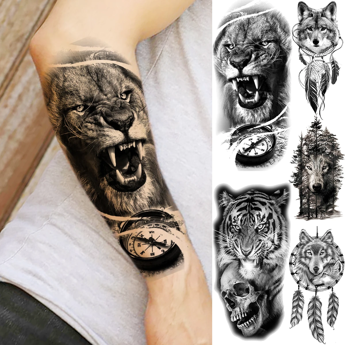 Черный Лев, тигр, компас, череп, временные татуировки для мужчин, женщин, мужчин, взрослые, искусственная татуировка на руку
Черный Лев, тигр, компас, череп, временные татуировки для мужчин, женщин, мужчин, взрослые, искусственная татуировка на руку
