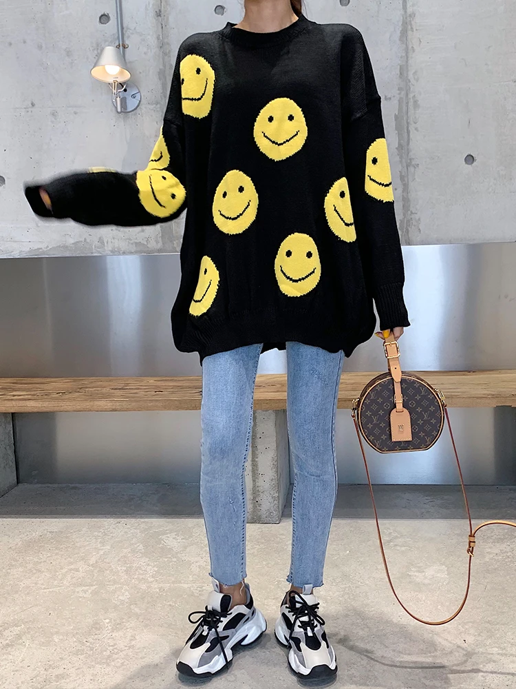 Женский черный свитер большого размера 2019 осень зима улыбка лицо жаккард