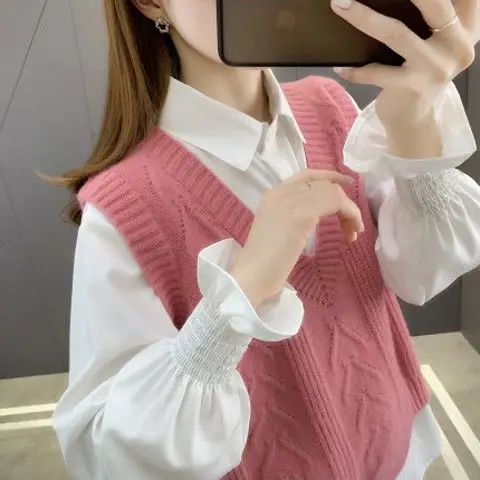2021 New Women Autumn Sleeveless Loose V-neck Knitted Sweater Vest and Solid Casual Shirt Women's Fashion Two-Piece Sets Q853
2021 New Women Autumn Sleeveless Loose V-neck Knitted Sweater Vest and Solid Casual Shirt Women's Fashion Two-Piece Sets Q853