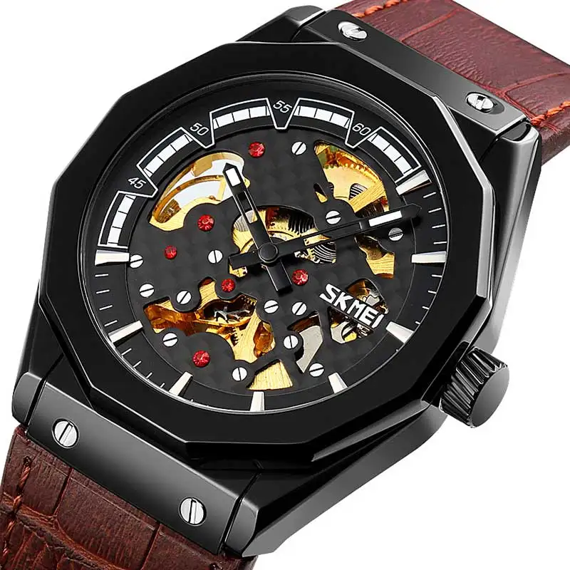 

SKMEI Metal Tourbillon Automatic Watch Punk Luminous Pointer Genuine Leather Strap Skeleton Mechanical Watch For Men Gift 9248