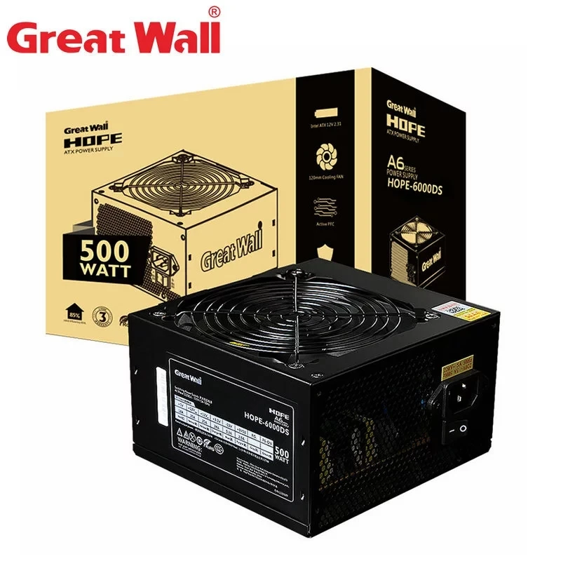 

Great Wall PC Power Supply Rated Power 500W 80Plus Bronze 12V ATX PSU Active PFC 120mm Fan Non-Modular