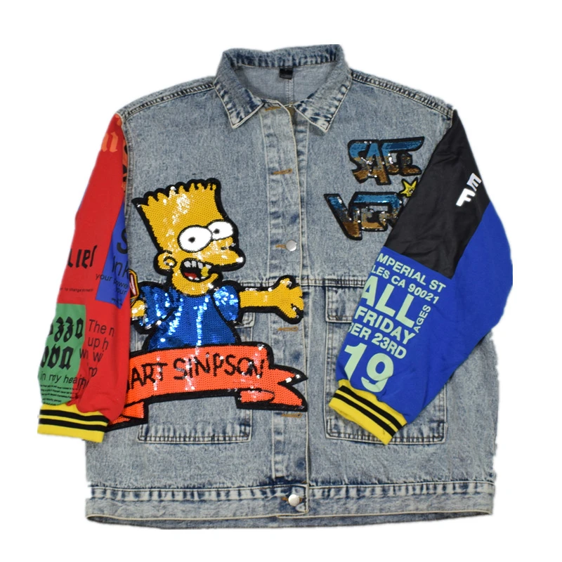 Cartoon Print Sequins Patchwork Autumn 2020 Oversized Jean Jacket Hip hop Tops Women Denim Coat Streetwear Outwear Denim Jacket
Cartoon Print Sequins Patchwork Autumn 2020 Oversized Jean Jacket Hip hop Tops Women Denim Coat Streetwear Outwear Denim Jacket