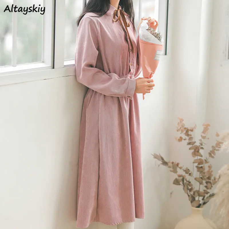 Dress Women Elastic Waist A-line Solid Corduroy Loose Bow Soft Ulzzang Retro Lovely Students Long Sleeves Dresses Fashion Casual 
Dress Women Elastic Waist A-line Solid Corduroy Loose Bow Soft Ulzzang Retro Lovely Students Long Sleeves Dresses Fashion Casual