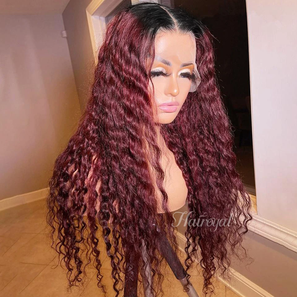 

360 HD Glueless Frontal 1B 99J Red Burgundy Water Wave 13x4 Lace Front Human Hair Wig For Women Brazilian Remy Ombre Pre Plucked
