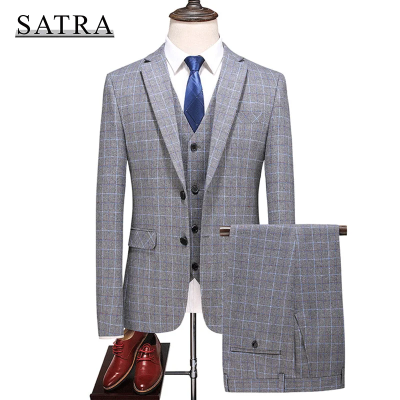 Satra 2021 Новое поступление высококачественный мужской повседневный деловой клетчатый костюм из трех частей, мужской модный шерстяной костюм в клетку 
Satra 2021 Новое поступление высококачественный мужской повседневный деловой клетчатый костюм из трех частей, мужской модный шерстяной костюм в клетку