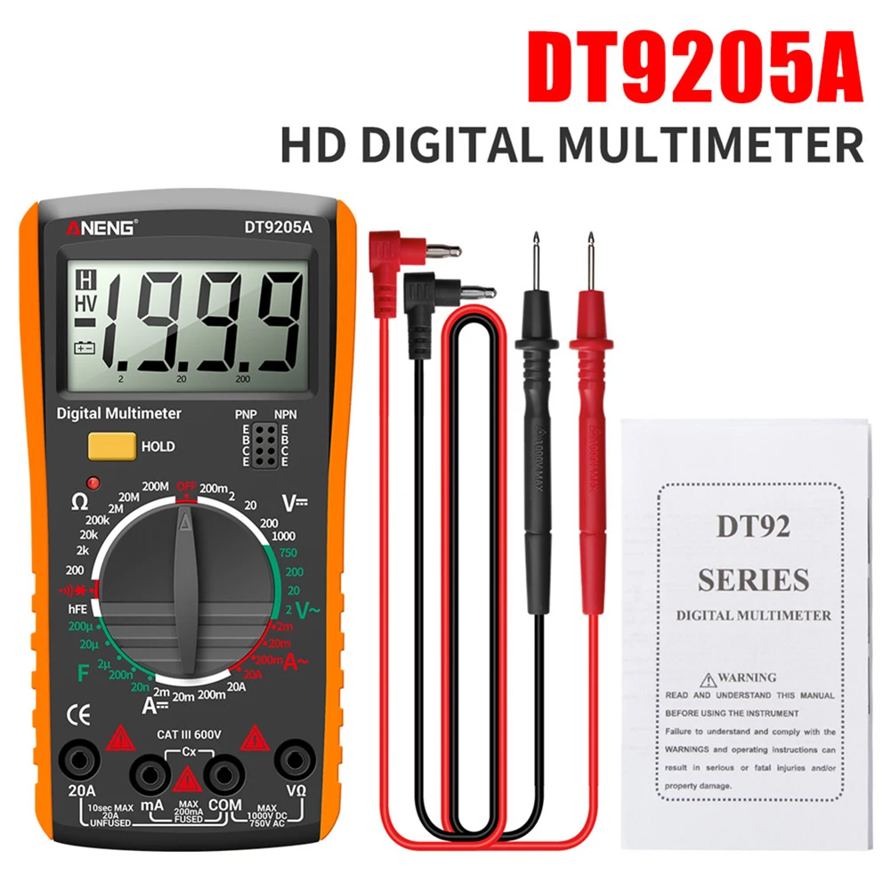 Цифровой мультиметр DT9205A, портативный вольтметр, амперметр с ЖК дисплеем, сопротивление и емкость
Цифровой мультиметр DT9205A, портативный вольтметр, амперметр с ЖК дисплеем, сопротивление и емкость
