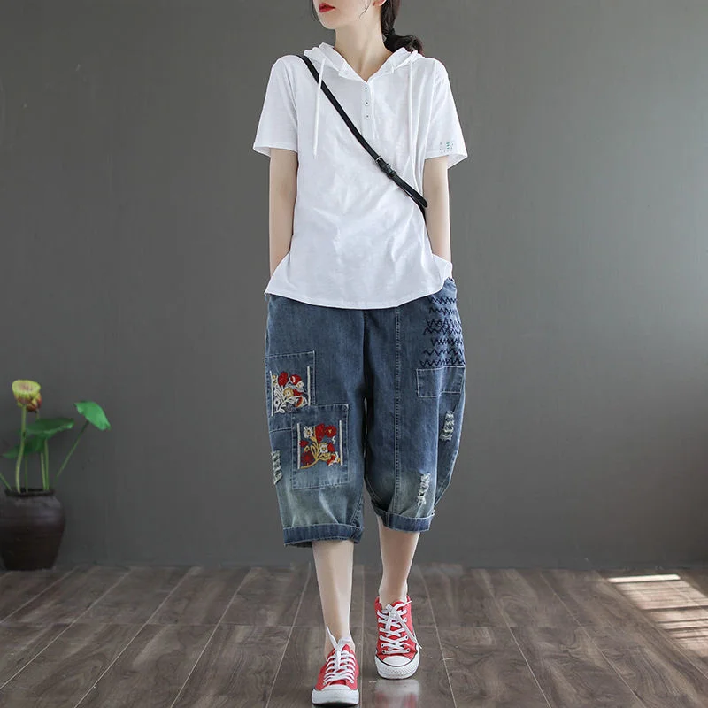 

Thin High Waist Women Embroidery Cropped Jeans Plus Size 5XL Retro Ethnic Style Denim Pants Elastic Waist Jean Shorts Female 130