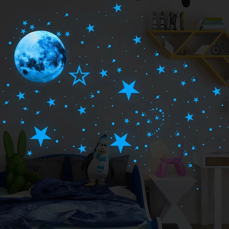 435 шт./компл. светящиеся наклейки на стену в виде луны и звезд горошек для детской