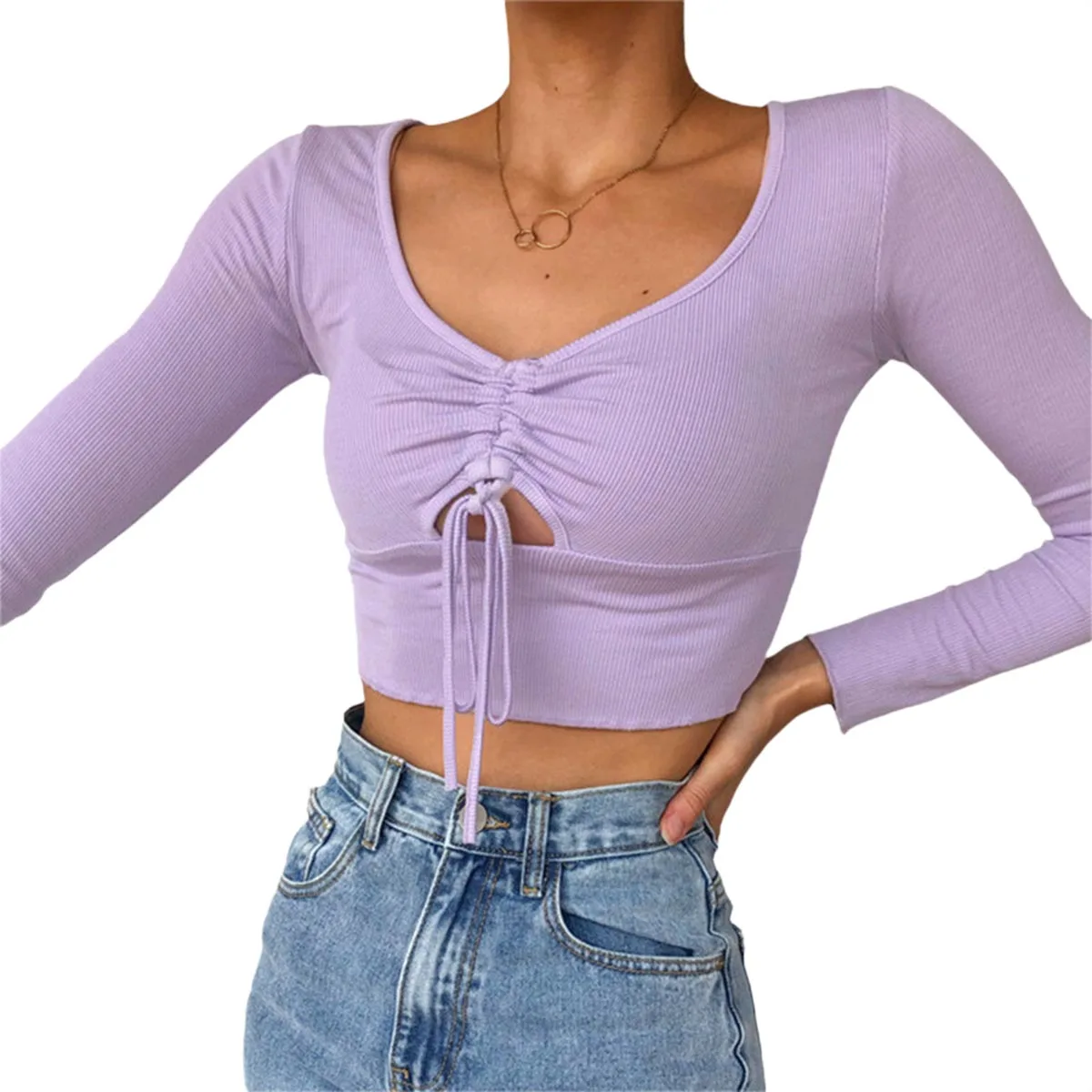 Women Long Sleeve V-neck Top Fashion Lace-up Solid Color Crop Top for Women Ladies
Women Long Sleeve V-neck Top Fashion Lace-up Solid Color Crop Top for Women Ladies