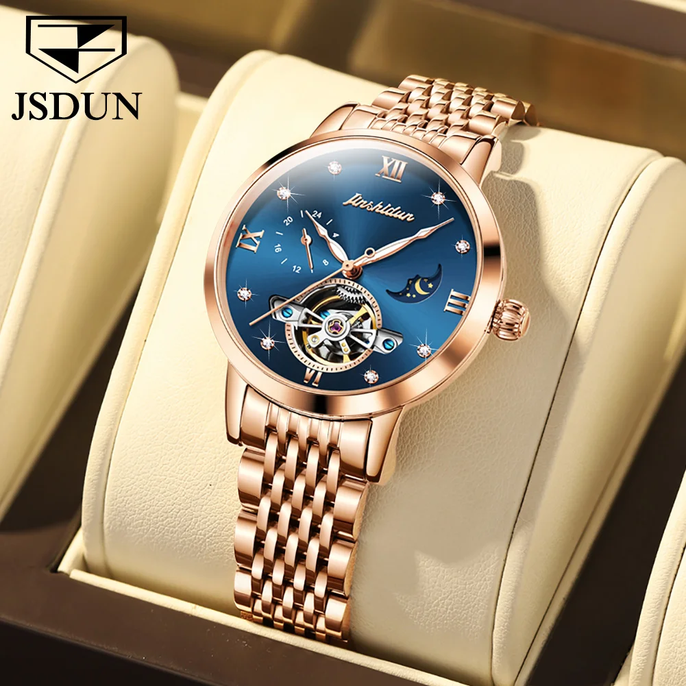 JSDUN Top Brand Luxury Mechanical Watch for Women Skeleton Design Diamond Watch Moon Phase Stainless Steel Watch Gifts for Women
JSDUN Top Brand Luxury Mechanical Watch for Women Skeleton Design Diamond Watch Moon Phase Stainless Steel Watch Gifts for Women