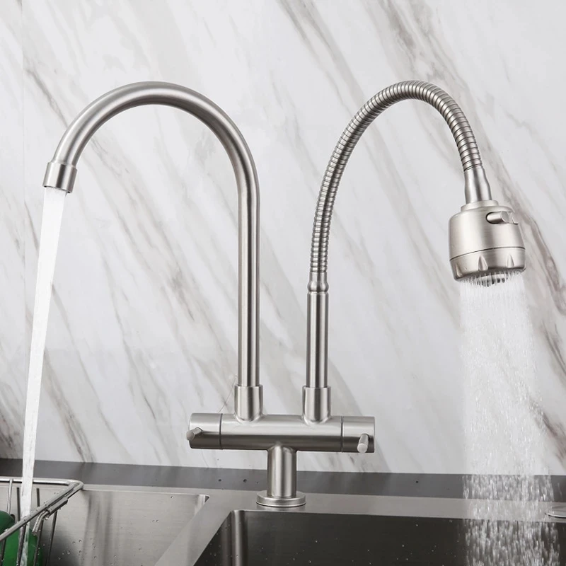 304 Stainless Steel Kitchen Faucet Single Cold Double Pipe Double Handle Universal Swivel Kitchen Sink Double Outlet Faucet
304 Stainless Steel Kitchen Faucet Single Cold Double Pipe Double Handle Universal Swivel Kitchen Sink Double Outlet Faucet
