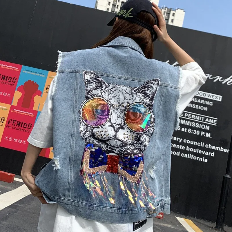 Women Cool Denim Waistcoat Jacket Vest Sequin Cute Cat Female Sleeveless Jean Jacket Casual Cowboy Outwear Denim Vest Tops
Women Cool Denim Waistcoat Jacket Vest Sequin Cute Cat Female Sleeveless Jean Jacket Casual Cowboy Outwear Denim Vest Tops