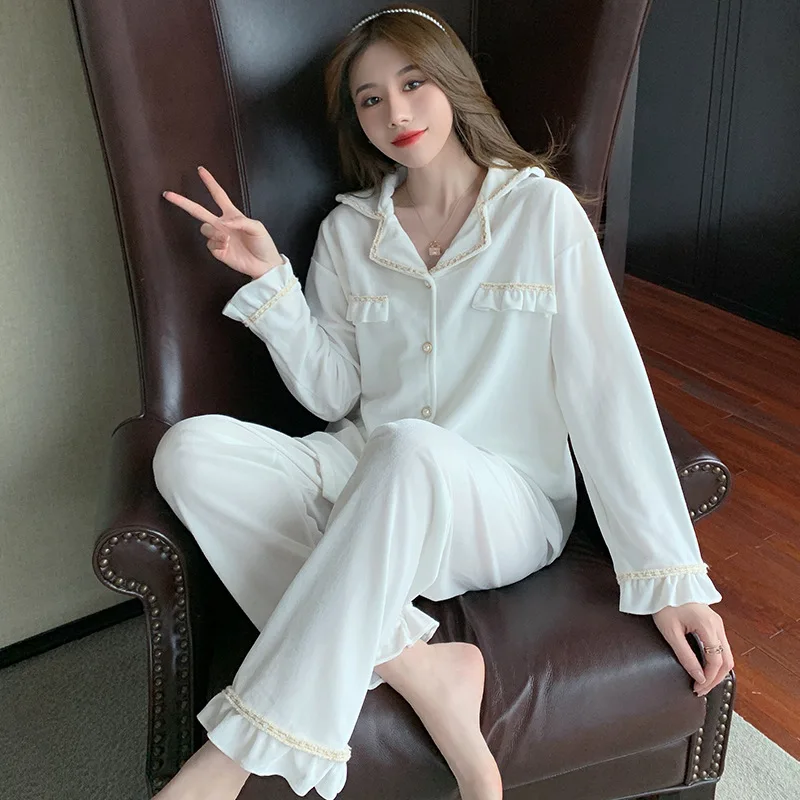 White Women Pajamas Set Velour 2PCS Sleepwear Sexy Lace Sleep Sets Autumn Shirt&Pants Casual Pyjamas Suit Ruffles Home Wear
White Women Pajamas Set Velour 2PCS Sleepwear Sexy Lace Sleep Sets Autumn Shirt&Pants Casual Pyjamas Suit Ruffles Home Wear