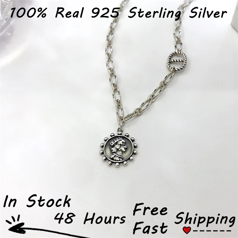 

S925 Silver Star Coin Queen Head H Pendants Necklace Men Korean designer oxidised jewellery Colares Joyas De Plata 925 Collares