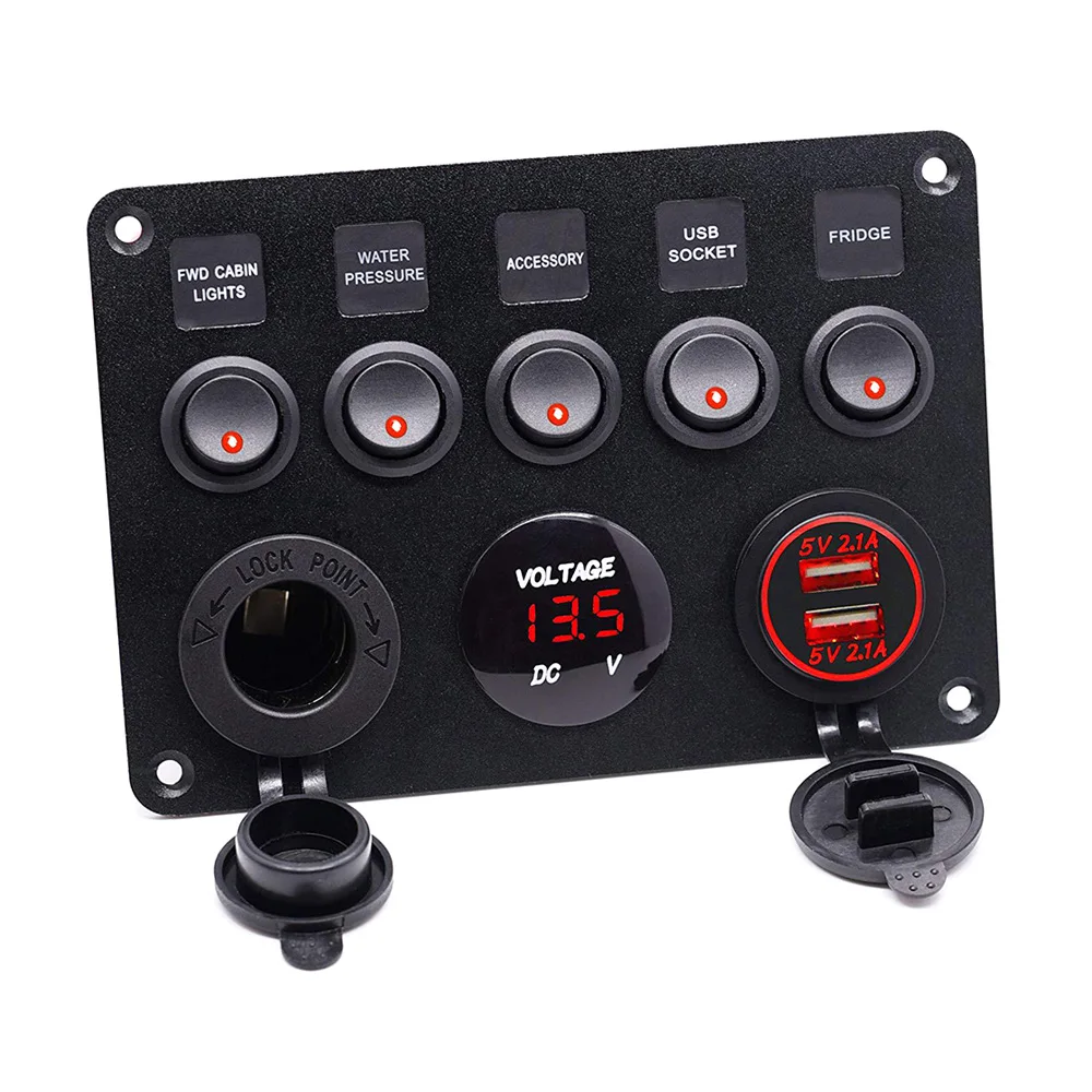 5 Gang Boat Switch Panel 12-24V Power Outlet Voltmeter Dual USB Charger for Car Boat Marine RV Rocker Panel Switches Mar3
5 Gang Boat Switch Panel 12-24V Power Outlet Voltmeter Dual USB Charger for Car Boat Marine RV Rocker Panel Switches Mar3