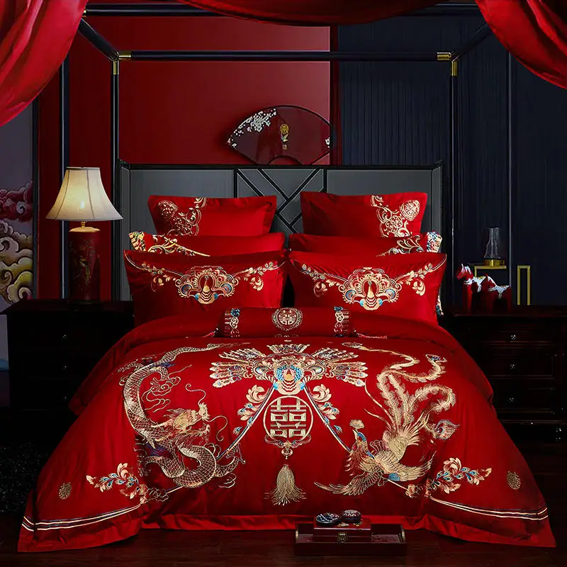 

Luxury Golden Loong Phoenix Embroidery Chinese Wedding Red Egypt Cotton Bedding Set 4/6/8pcs Duvet Cover Bed Sheet Pillowcases