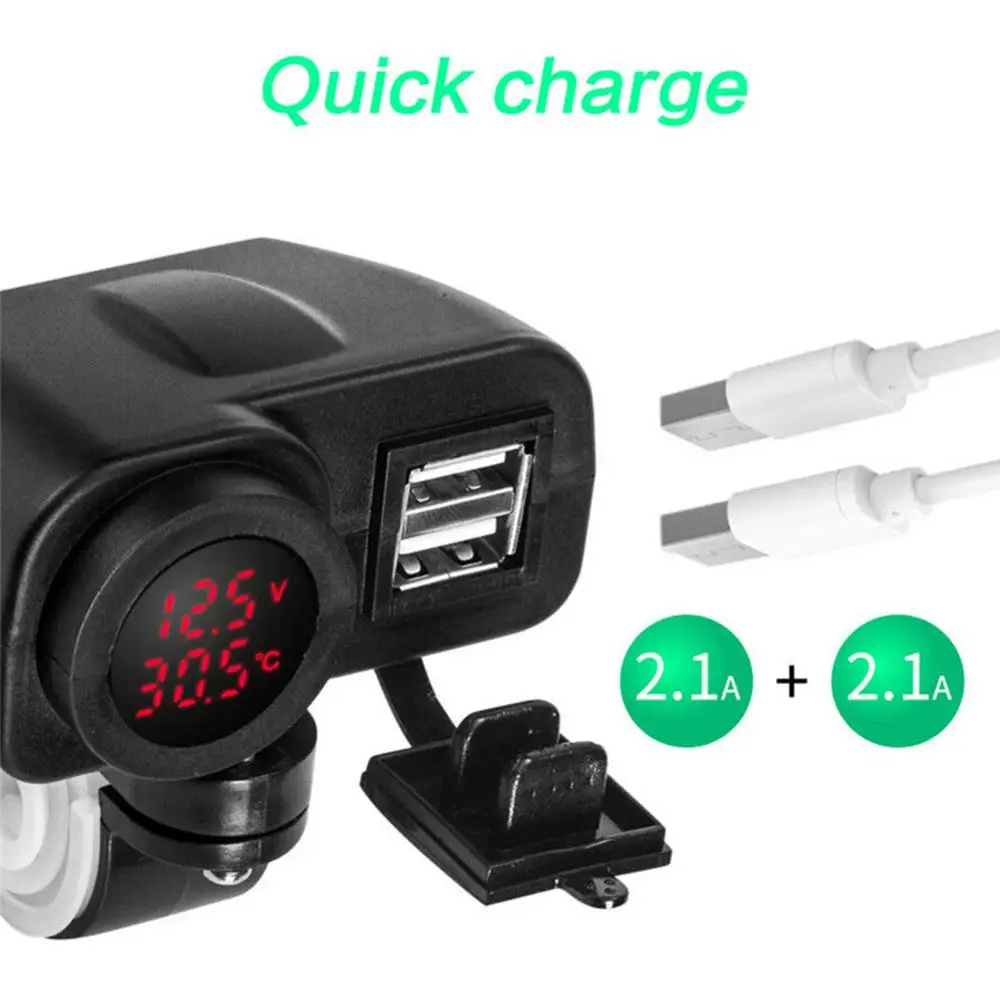 12V 2.1A Motorcycle USB Charger Digital LED Display Voltmeter + Thermometer Waterproof Switch With 2 Pcs USB Socket
12V 2.1A Motorcycle USB Charger Digital LED Display Voltmeter + Thermometer Waterproof Switch With 2 Pcs USB Socket