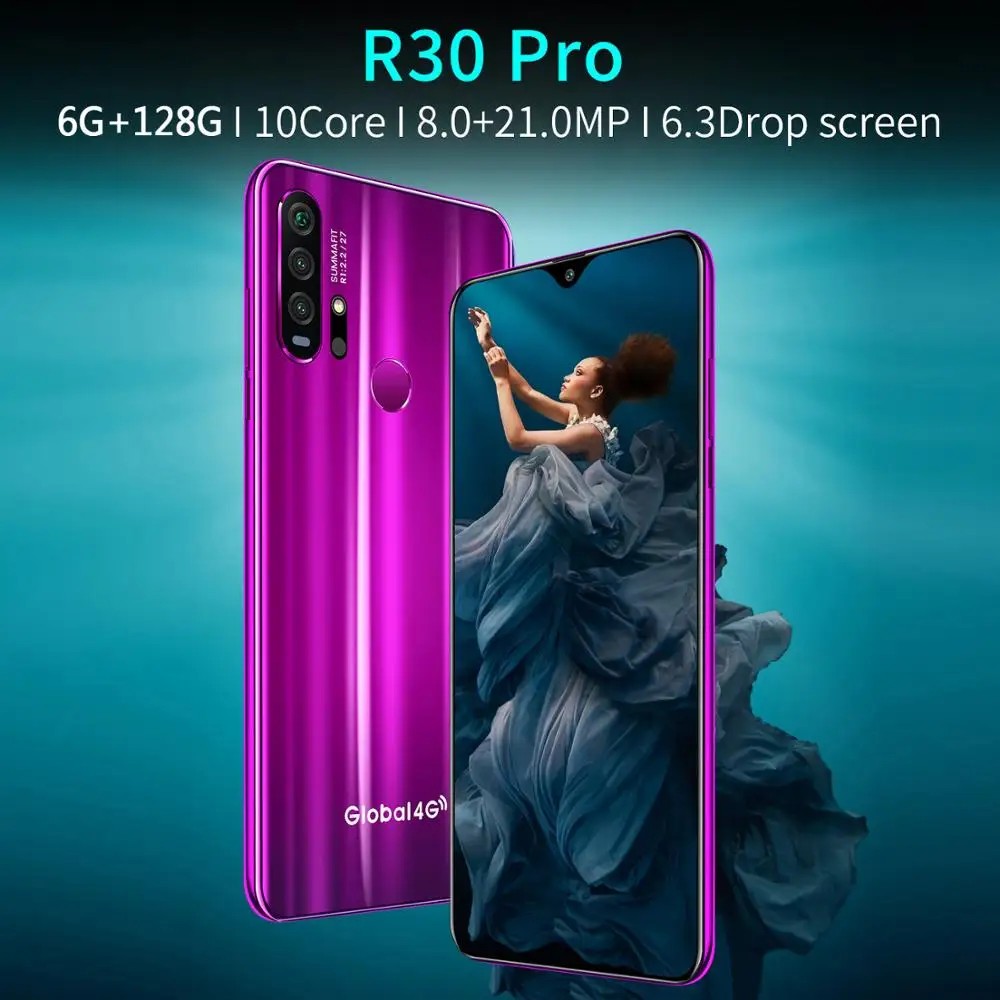 

R30 Pro 6.3-inch Water Drop Dual SIM Card Supports Fingerprint Recognition, Face Recognition And Multi-Language Recognition