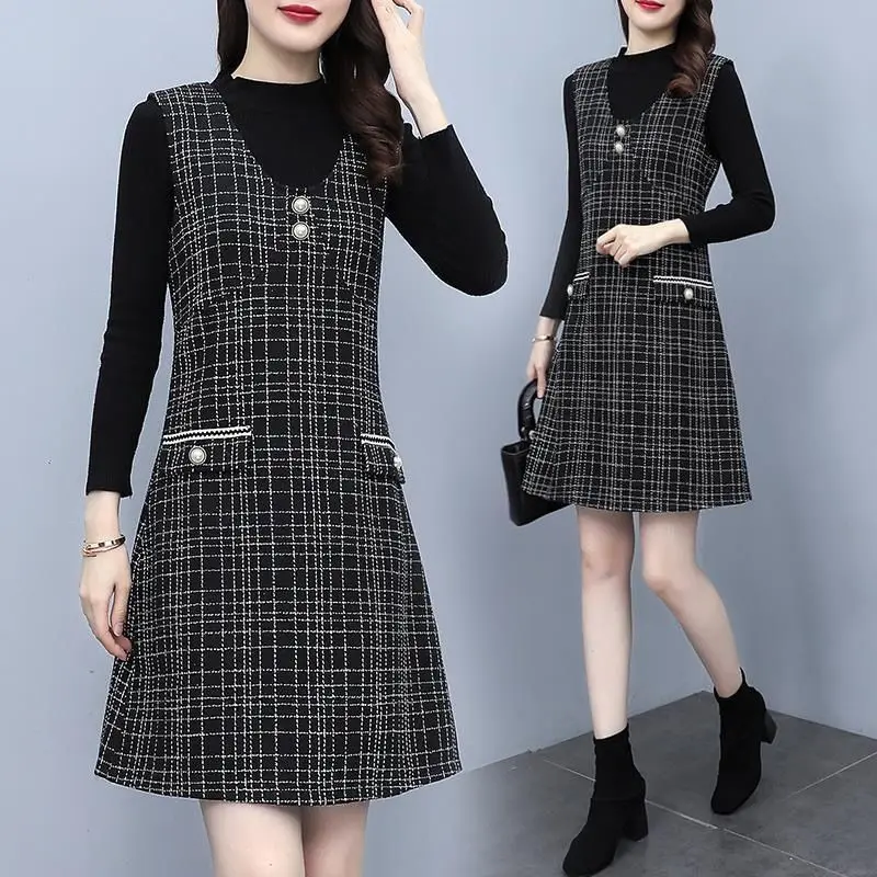 Women 2021 Autumn Winter 2 Piece Set Overalls Dress Female Long Sleeve Knitted Top + V-neck Plaid Woolen Vest Dresses Suit I115
Women 2021 Autumn Winter 2 Piece Set Overalls Dress Female Long Sleeve Knitted Top + V-neck Plaid Woolen Vest Dresses Suit I115