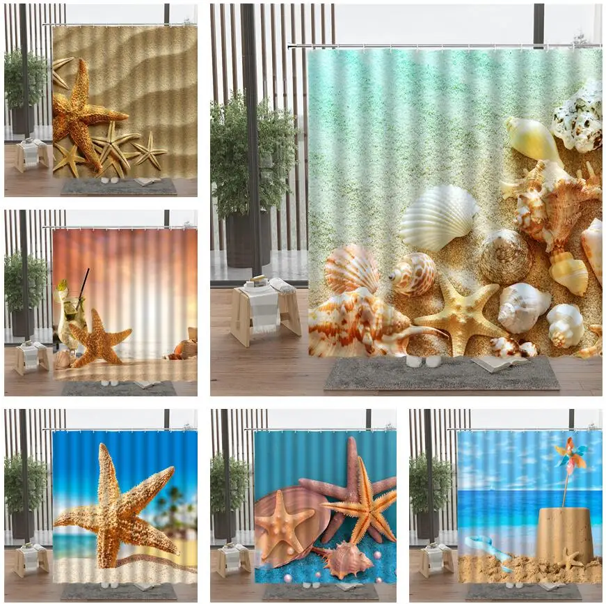 

Морская звезда занавеска для душа морской песчаной пляж раковины водонепроницаемый Пейзаж аксессуары для ванной комплект настенная подве...