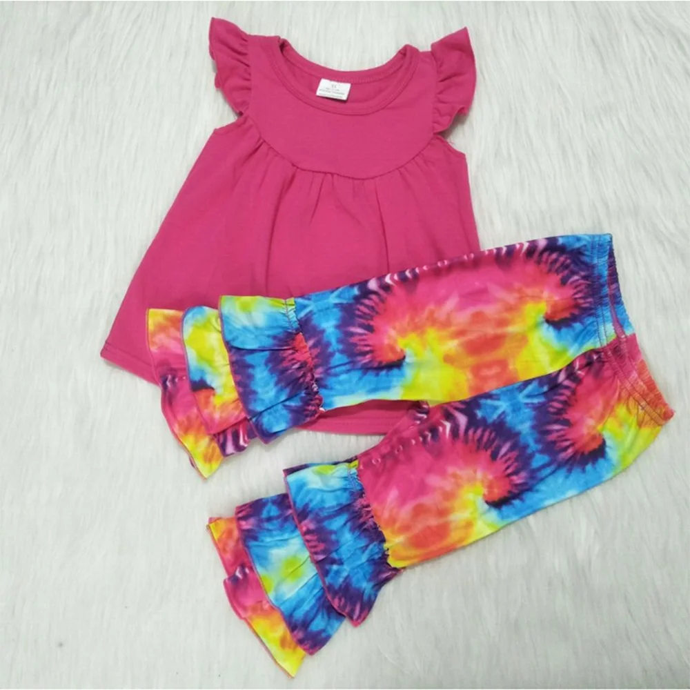 

Kids children infant girls summer hot sale boutique fuchsia flying sleeves tunic colorful layers pants 2 pieces outfits clothing