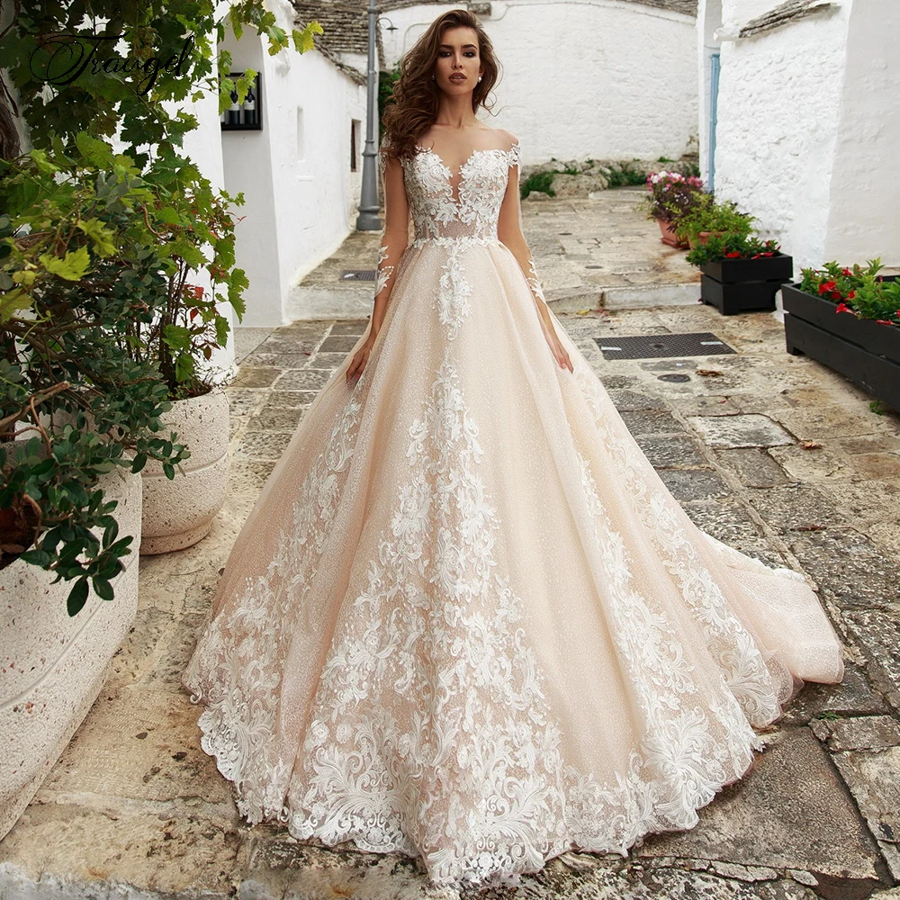Traugel Vestidos De Novia с О-образным вырезом, длинный рукав, кружевное свадебное платье Роскошные Иллюзия аппликации со шлейфом средней длины трапец...
Traugel Vestidos De Novia с О-образным вырезом, длинный рукав, кружевное свадебное платье Роскошные Иллюзия аппликации со шлейфом средней длины трапец...