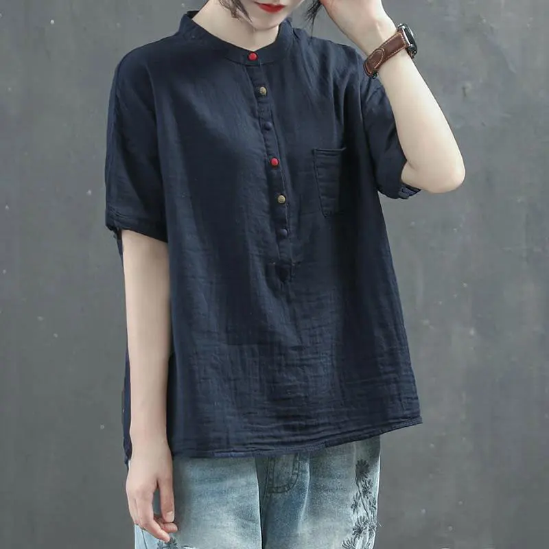 Summer Style Women Shirt Plus Size Short Sleeve Loose Casual Ladies Tops stand collar Button vintage cotton linen Blouse D140
Summer Style Women Shirt Plus Size Short Sleeve Loose Casual Ladies Tops stand collar Button vintage cotton linen Blouse D140