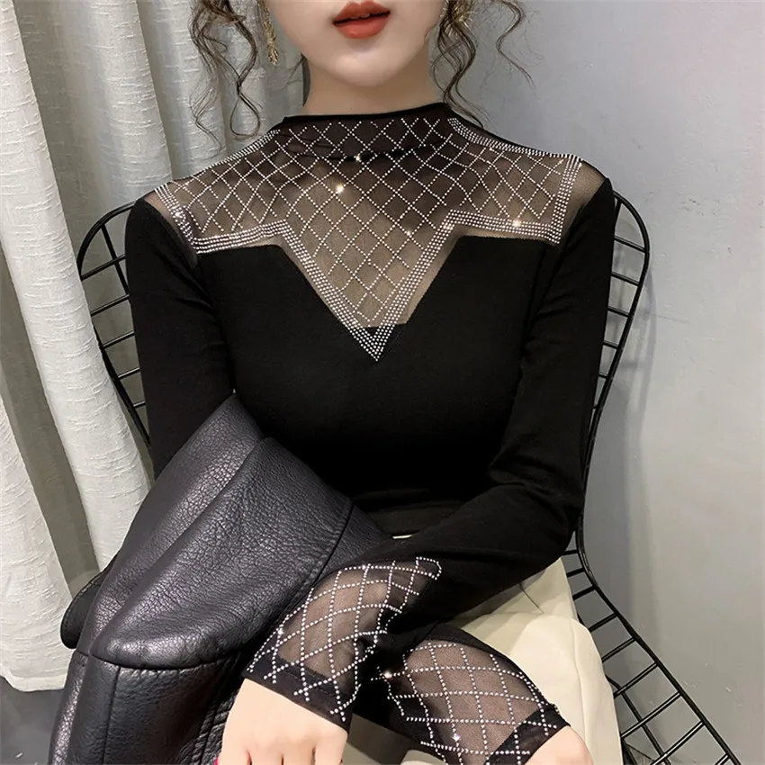 

Korean Fashion Diamond Sexy Sheer Mesh Blouse Long Sleeve Basic Undershirt Pullover Women Tops Slim Fit Blusa Feminina