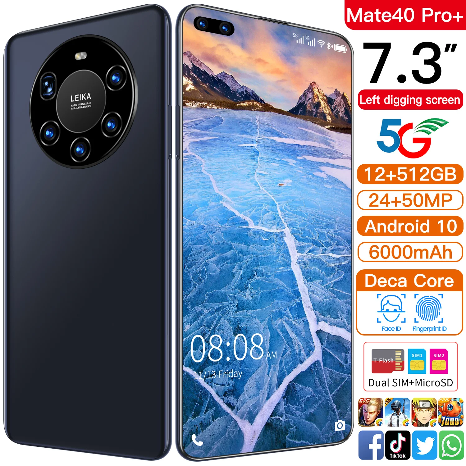 Smartphone Mate40 pro+ 7.3 Inch Andriod10.0 12+512G Face ID Mobile Phone MTK6889 Double SIM Card Global Version Cellphone
Smartphone Mate40 pro+ 7.3 Inch Andriod10.0 12+512G Face ID Mobile Phone MTK6889 Double SIM Card Global Version Cellphone