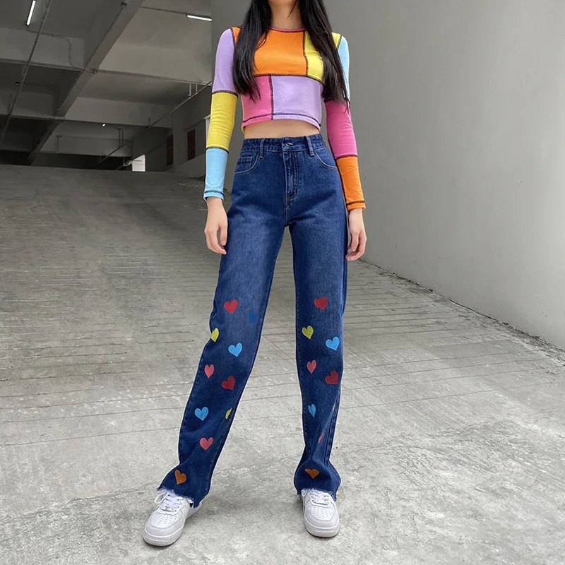 Korean Heart Print Straight High Waist Jeans Women Sweet Cute Denim Pants Ladies Trousers Streetwear Jeans Bottom Clothes 
Korean Heart Print Straight High Waist Jeans Women Sweet Cute Denim Pants Ladies Trousers Streetwear Jeans Bottom Clothes