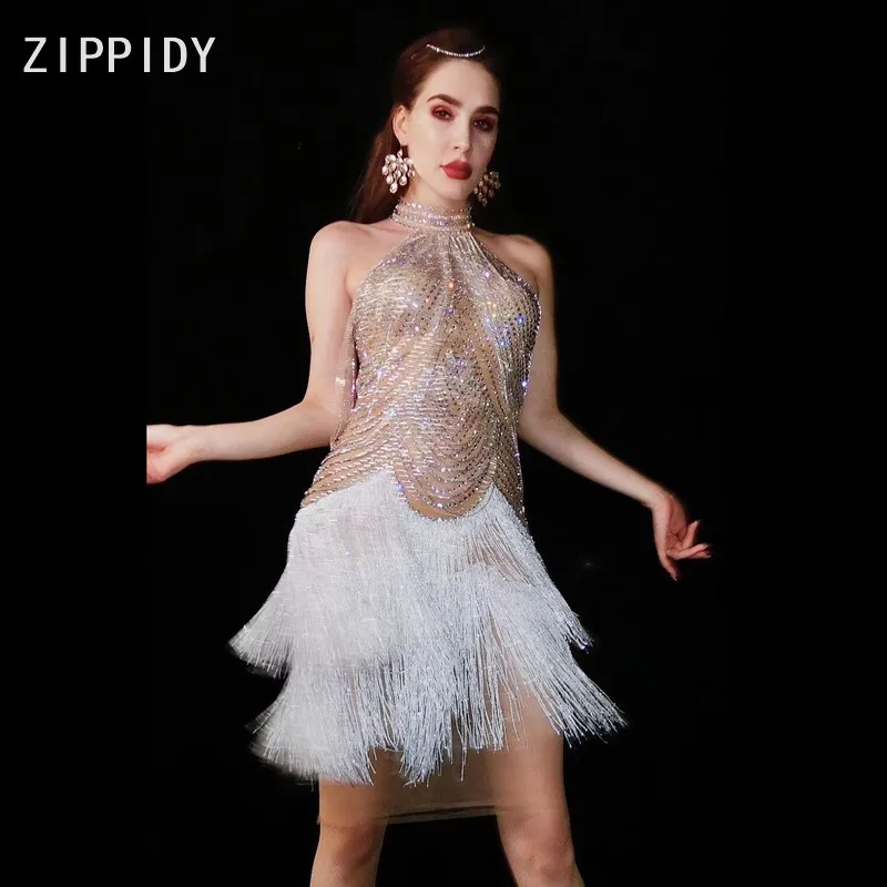 Flashing Rhinestones Chains Dress Women's Birthday Celebrate White Fringes Outfit Dancer Clothes Bar Prom | Тематическая одежда