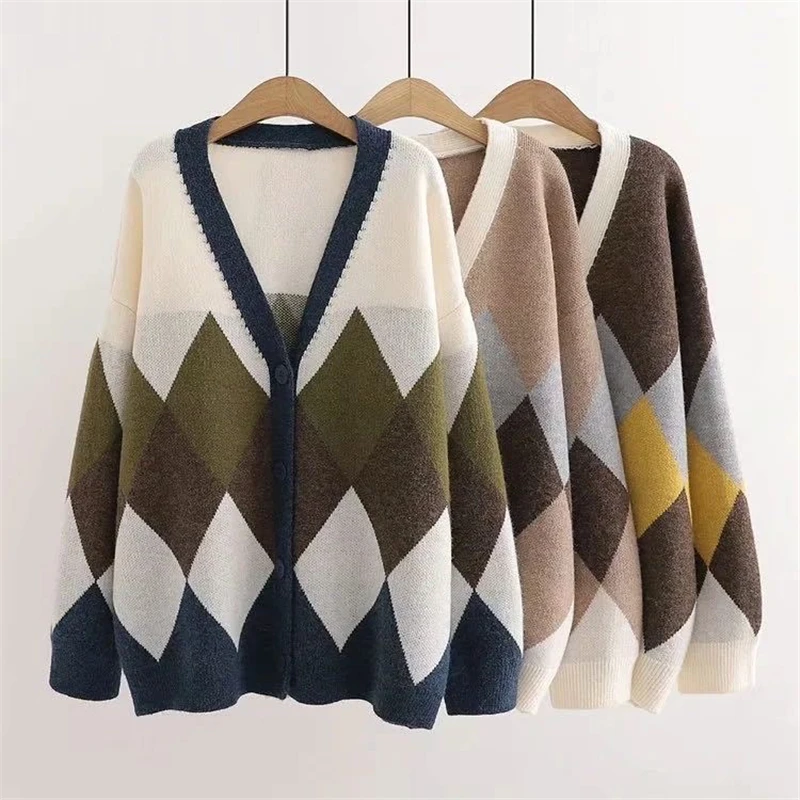 Autumn Winter Argyle Cardigan Women Vintage Knitted Sweater V-neck Single-breasted Oversized Cardigan Korean knitwear Tops
Autumn Winter Argyle Cardigan Women Vintage Knitted Sweater V-neck Single-breasted Oversized Cardigan Korean knitwear Tops