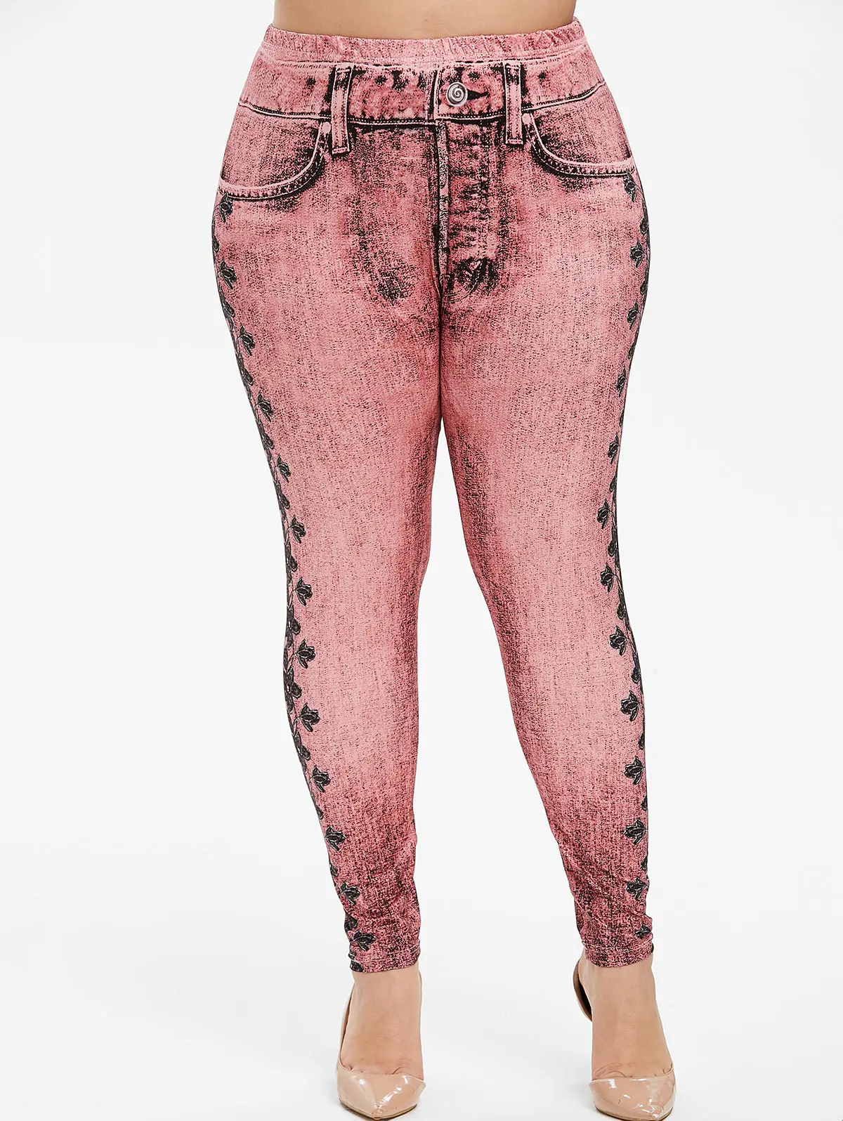 ROSEGAL Pull On Floral Printed Plus Size Jeggings Women Elastic Mid Waist Leggings Big Skinny Push Up Legins 5XL | Женская одежда