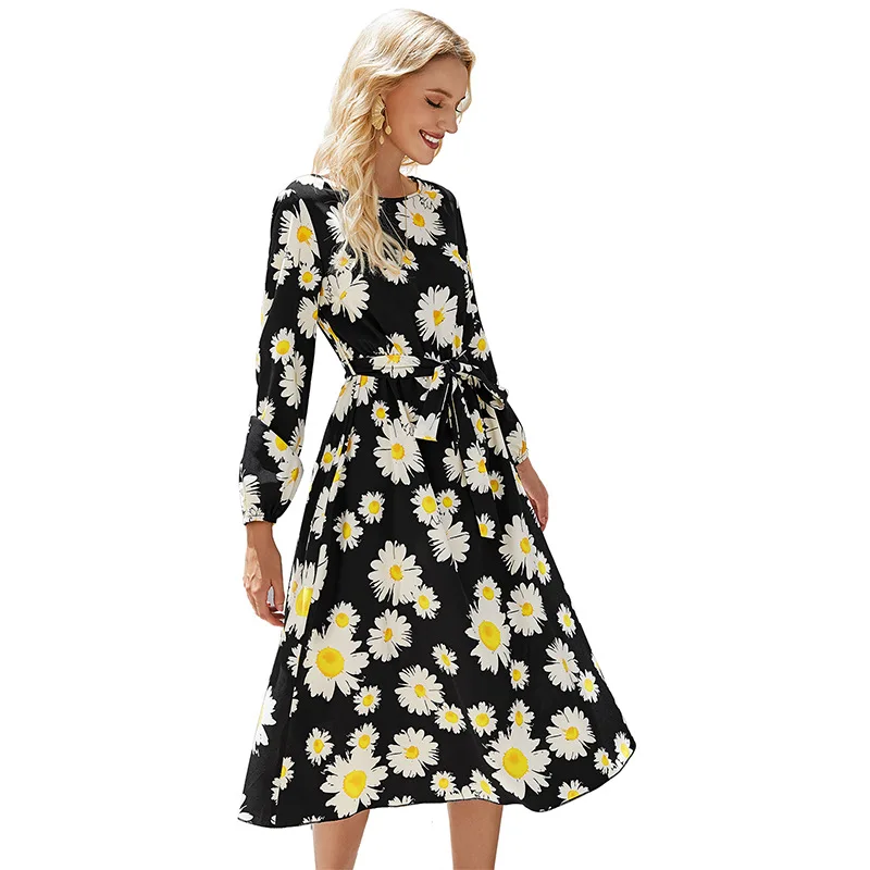 2022 Daisy Floral Print Mid Long Dress Autumn Women New Sashes Dress Long Sleeve Elegant Slim Lady Splicing Crew Neck Dresses
2022 Daisy Floral Print Mid Long Dress Autumn Women New Sashes Dress Long Sleeve Elegant Slim Lady Splicing Crew Neck Dresses