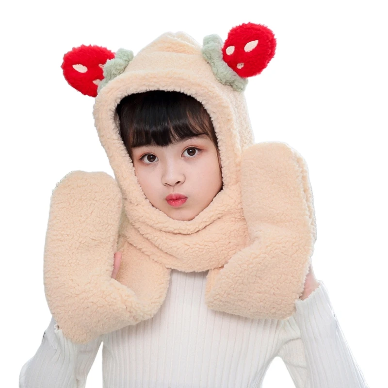 

Kids Winter Warm 3 In 1 Faux Fleece Hooded Scarf Hat Gloves Set Cute Strawberry Ears Thermal Earflap Cap Neck Warmer