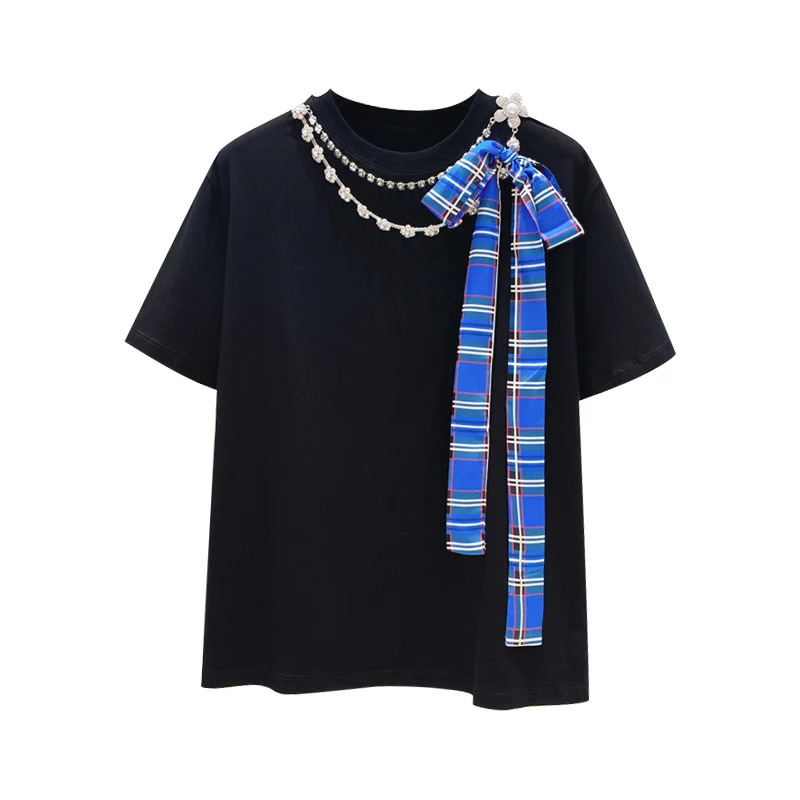Scarf Lace-up Beads Rhinestones Short Sleeve Loose Cotton T-shirt Women 2021 Summer Clothing New Design Top Girls Students
Scarf Lace-up Beads Rhinestones Short Sleeve Loose Cotton T-shirt Women 2021 Summer Clothing New Design Top Girls Students