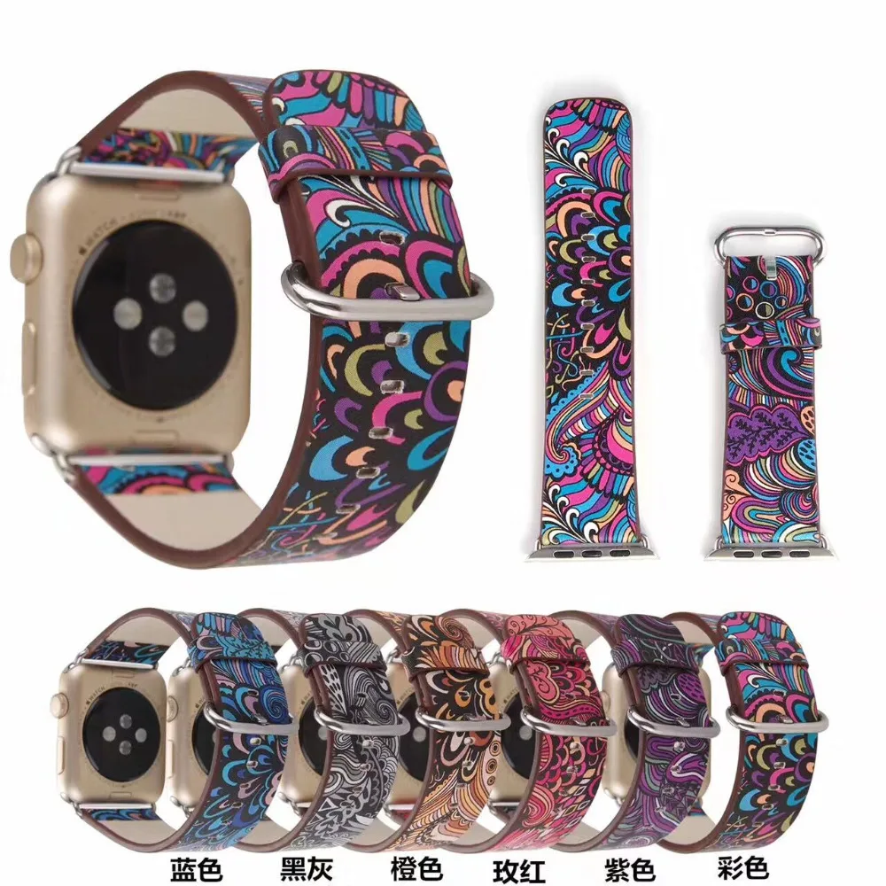 Ремешок кожаный для Apple Watch SE Series 6/5/43/2/1 винтажный цветочный этнический браслет с