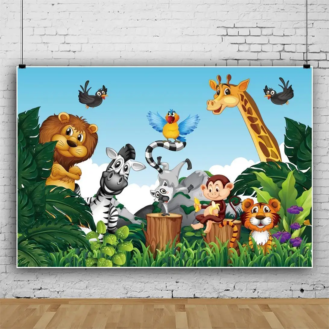 

Виниловый фон для детской вечерние съемки с изображением голубого неба леса льва тигра животных