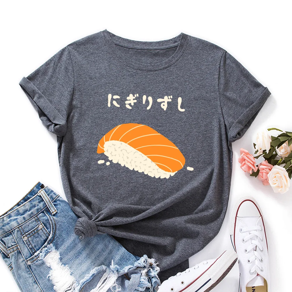 

2021 New T-shrit Sushi Meat Rice Healthy Food Printed Graphic Tee Women Short Sleeve 100%Cotton Summer T-shirts Tops Female