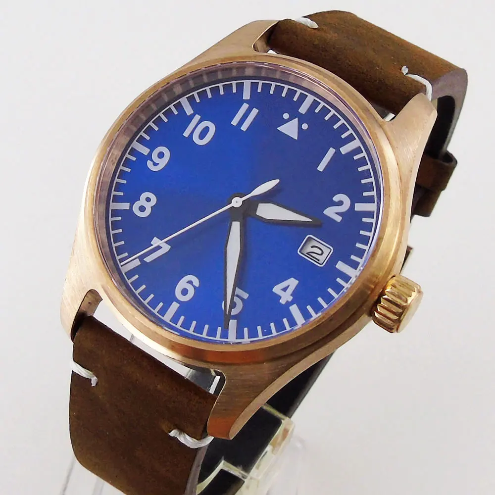

Diver Blue Solid Real Bronze Men Watch Green Marks Dial NH35A Automatic Wristwatch Leather Band Flat Sapphire Crystal 20Bar