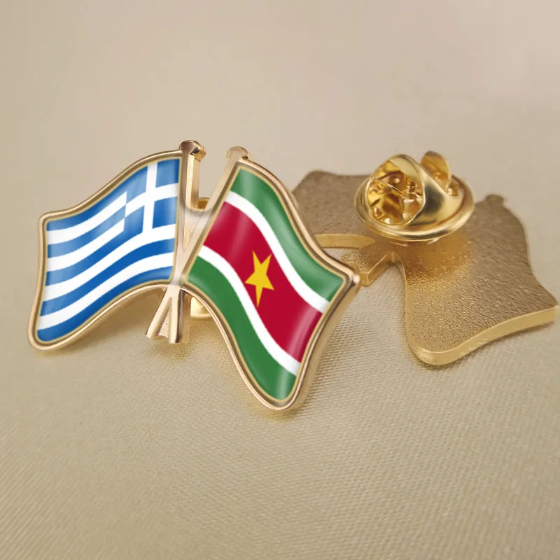 

Greece and Suriname Crossed Double Friendship Flags Lapel Pins Brooch Badges