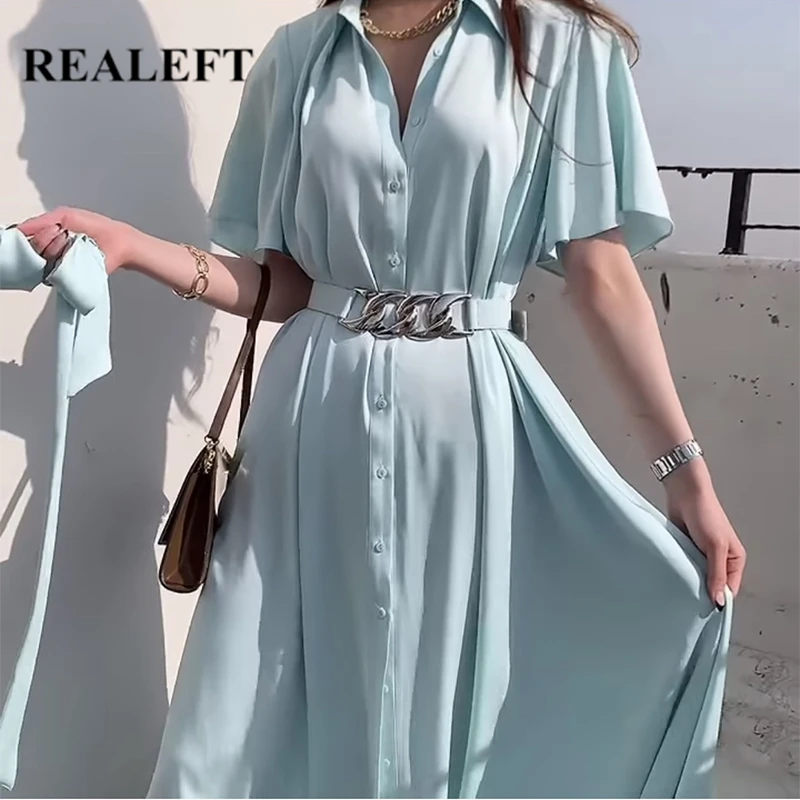REALEFT Summer 2021 New Elegant Women's Shirts Dresses with Belted Single Breasted Short Sleeve Chic Female Beach Long Dress
REALEFT Summer 2021 New Elegant Women's Shirts Dresses with Belted Single Breasted Short Sleeve Chic Female Beach Long Dress