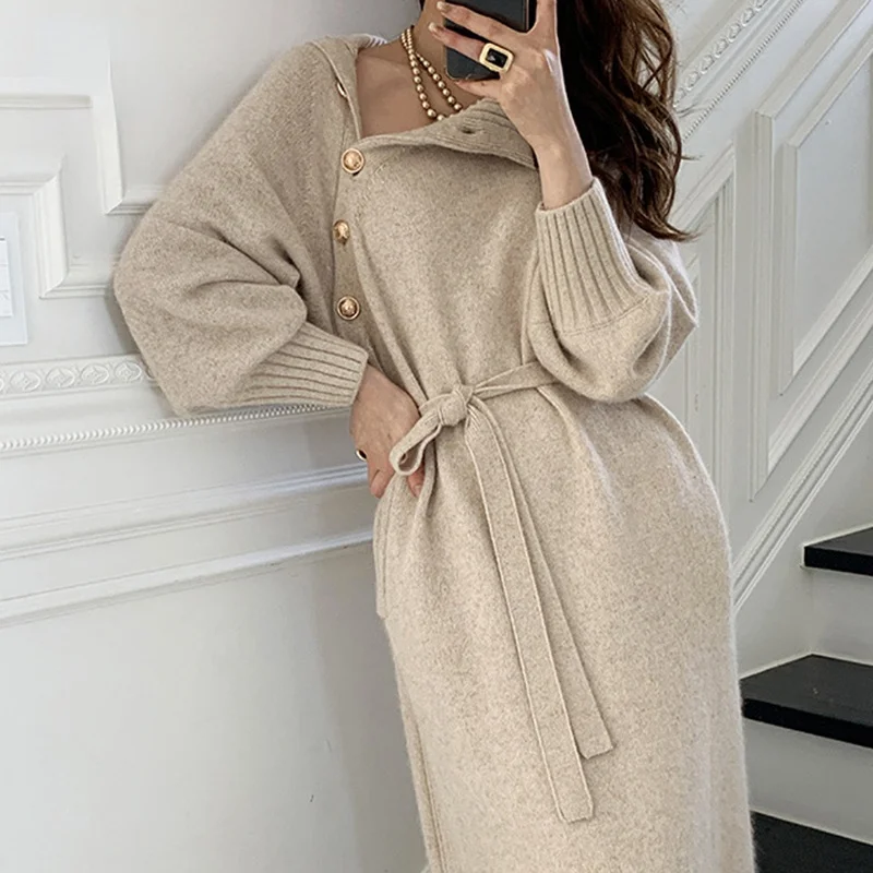 Knitted Sweater Dress Turtleneck Full Sleeve Elegant Midi Dress with Buttons One Size Winter Dresses for Women Bodycon Dress
Knitted Sweater Dress Turtleneck Full Sleeve Elegant Midi Dress with Buttons One Size Winter Dresses for Women Bodycon Dress