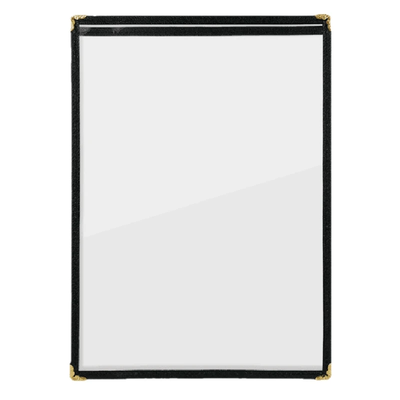 (Pack of 10) Single Page Menu Cover, Insert 8.5 x 11 Inches, with Faux Leather Trim and Decorative Corners
(Pack of 10) Single Page Menu Cover, Insert 8.5 x 11 Inches, with Faux Leather Trim and Decorative Corners
