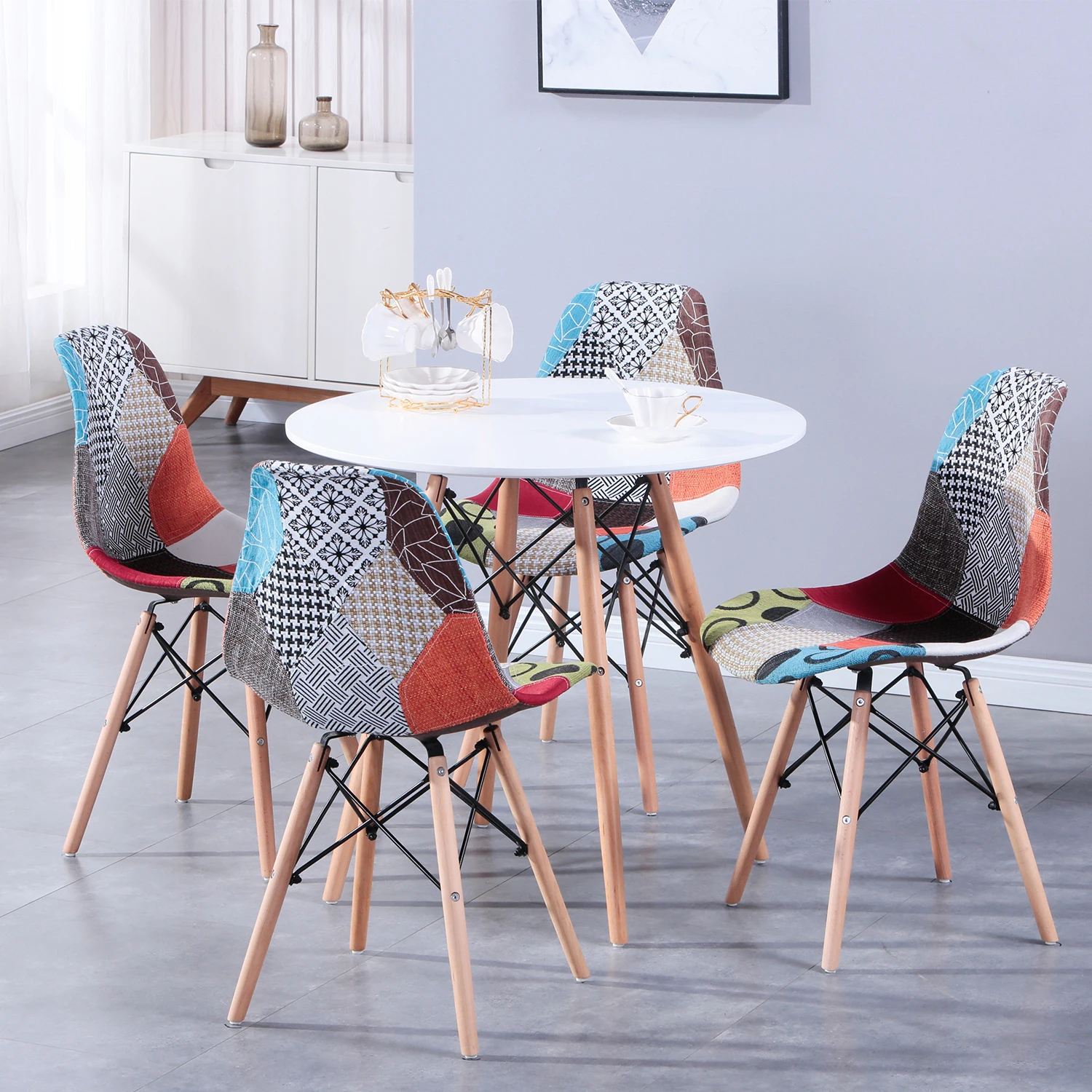 A Set of 4 Nordic Medieval Style Patchwork Frabic Dining Chairs, Beech Wood Foot Metal Bracket, Suitable for Kitchen Dining room
A Set of 4 Nordic Medieval Style Patchwork Frabic Dining Chairs, Beech Wood Foot Metal Bracket, Suitable for Kitchen Dining room