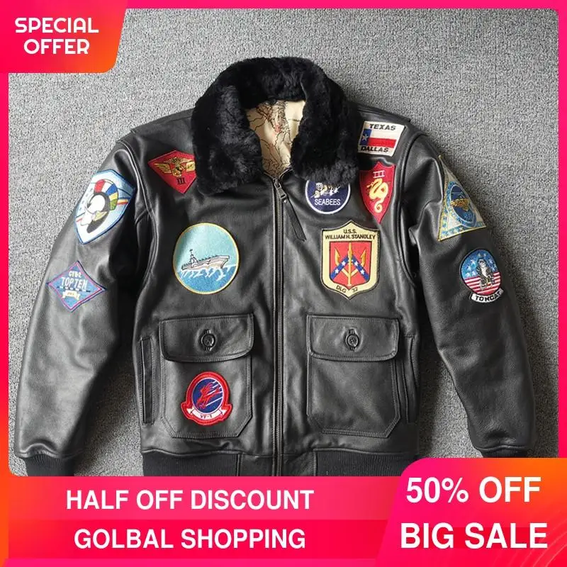 2021 Black Military Style Pilot Leather Jacket Men Wool Collar Europe Size XXL Genuine Natural Cowhide Autumn Aviation Coat
2021 Black Military Style Pilot Leather Jacket Men Wool Collar Europe Size XXL Genuine Natural Cowhide Autumn Aviation Coat