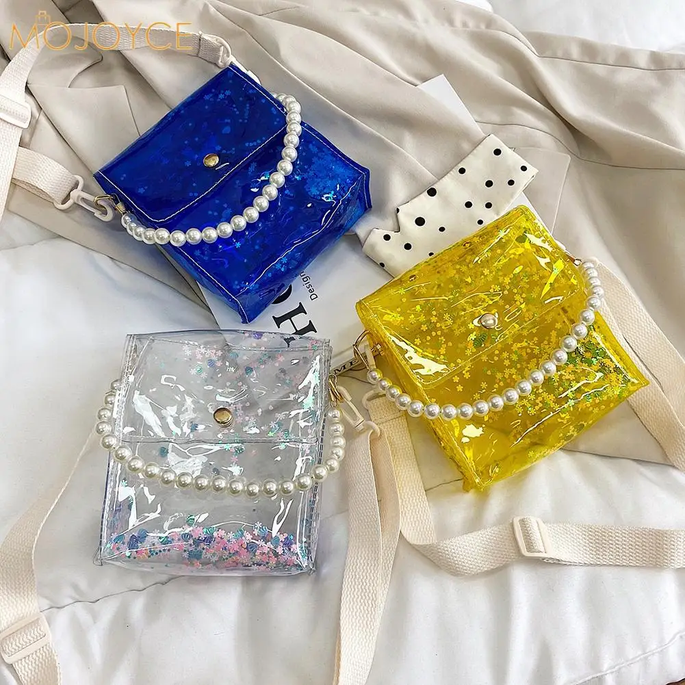Fashion Transparent Shoulder Messenger Bag Women Pearl Chain Flap Handbag Purse Summer Girl Daily Underarm Bag Purses 
Fashion Transparent Shoulder Messenger Bag Women Pearl Chain Flap Handbag Purse Summer Girl Daily Underarm Bag Purses